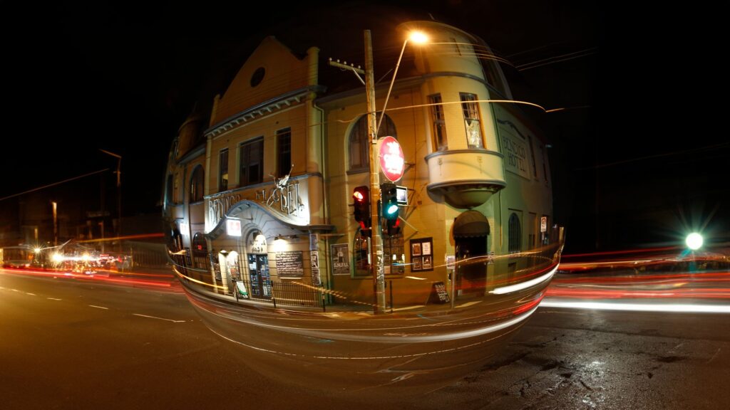 A fish-eye shot of The Bendigo Hotel at night