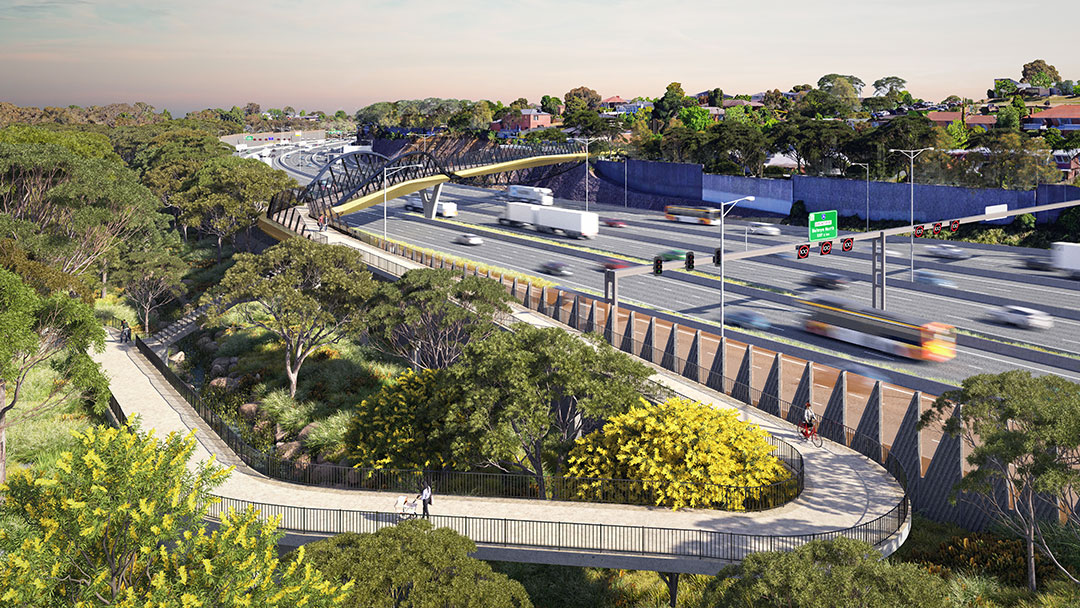 Aerial view of the Eastern Freeway in Melbourne's north-east showing multiple lanes of traffic between Bulleen Road and Doncaster Road