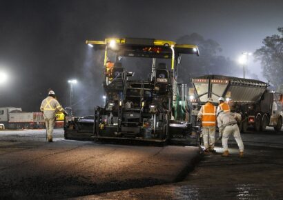 Melbourne onstruction crews and equipment on the Eastern Freeway in Melbourne during North East Link Project flyover lane installation works