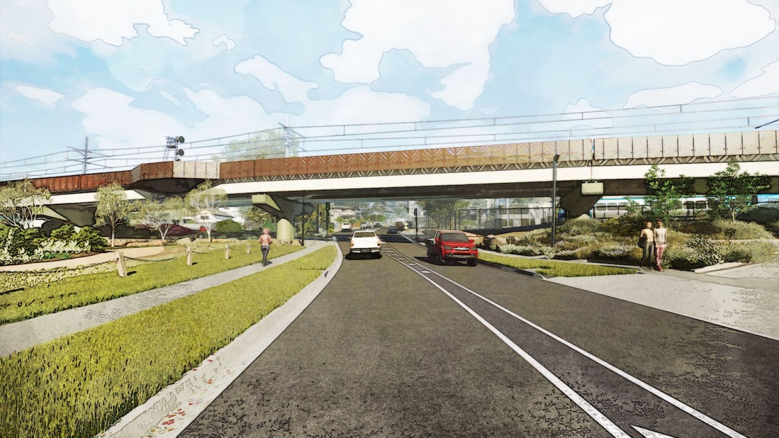 Artist's impression of the Melbourne train station precinct upgrade in Macleod, featuring native landscaping, cycling paths and a train crossing above Ruthven Street on the new rail bridge