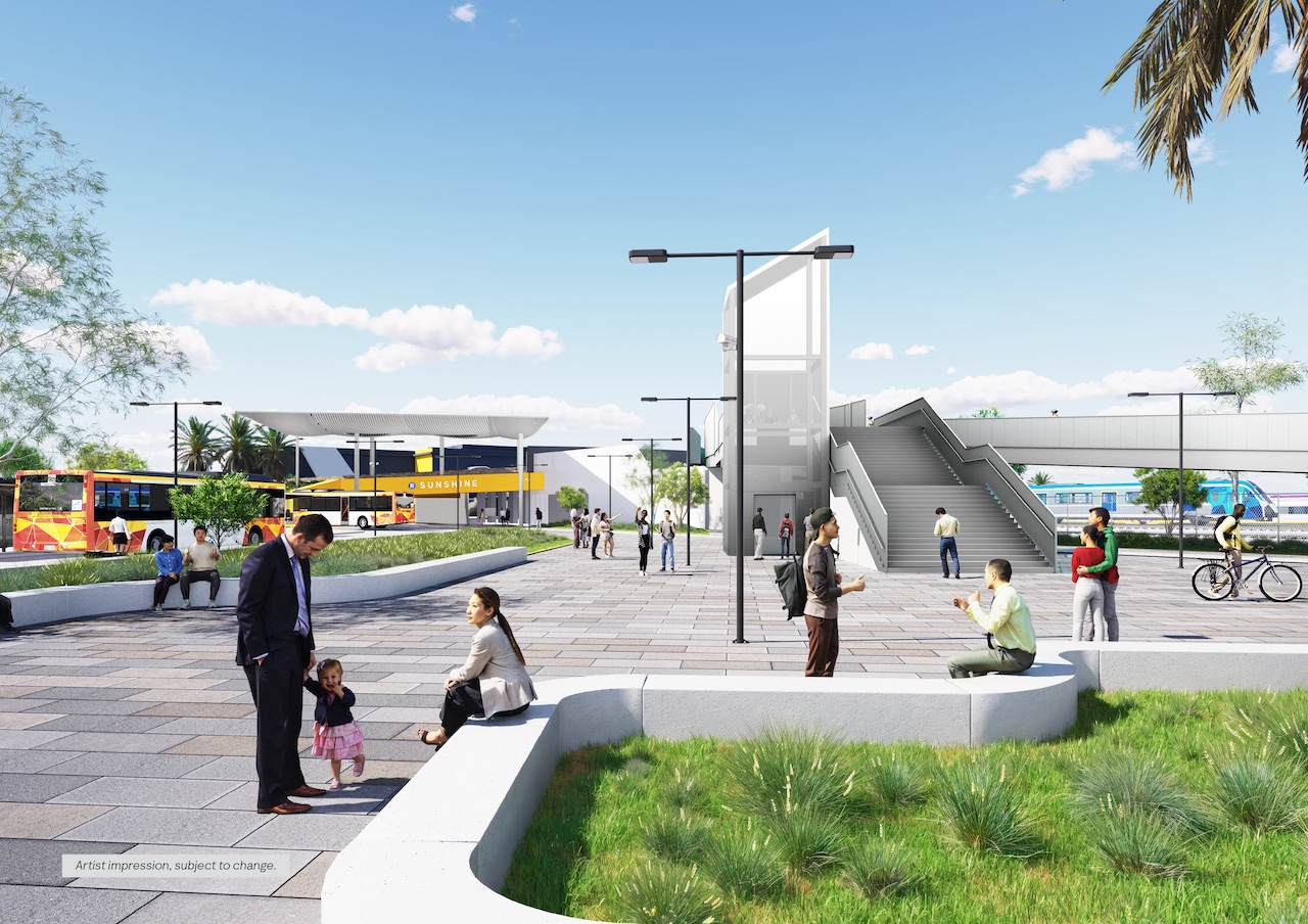 Artist impression of the new Melbourne train station northern forecourt at ground level showing pedestrians, families, bus interchange and station entry. 