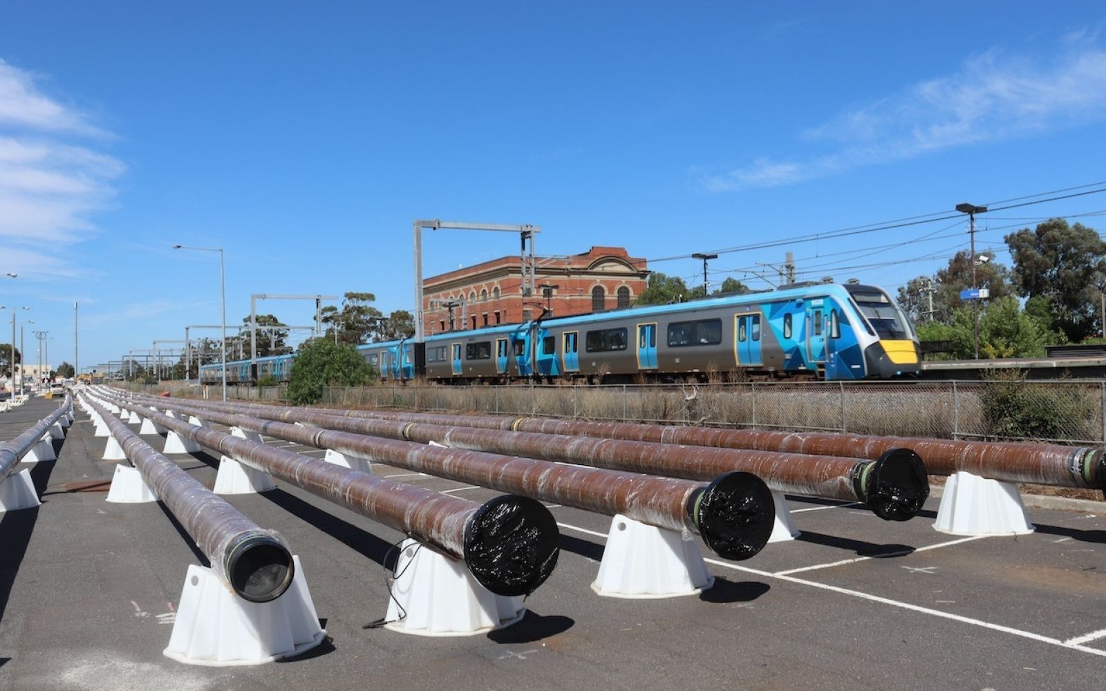 Pipes for the new jet fuel pipeline at new Melbourne train station, Albion Station
