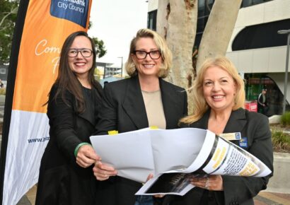 Minister for Housing and Building Harriet Shing, Laverton MP Sarah Connolly and Brimbank City Council Mayor Cr Virginia Tachos at the Melbourne train station funding announcement in Sunshine on 7 April 2026.