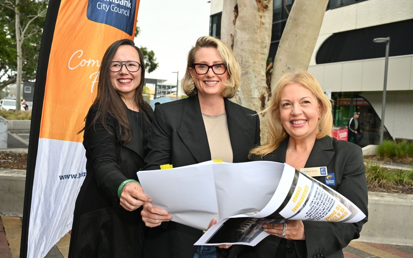 Minister for Housing and Building Harriet Shing, Laverton MP Sarah Connolly and Brimbank City Council Mayor Cr Virginia Tachos at the Melbourne train station funding announcement in Sunshine on 7 April 2026.