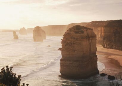 The Twelve Apostles rock stacks rising from the Southern Ocean at sunset along Victoria's Great Ocean Road
