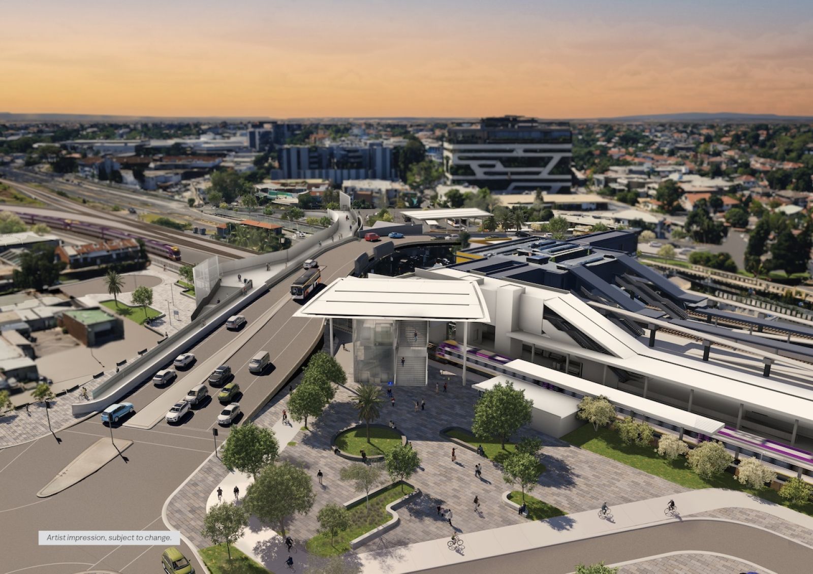 Artist impression of the Sunshine Station superhub, a key Melbourne train station in the Melbourne Airport Rail project, showing an expanded concourse, new forecourt and cycling connections