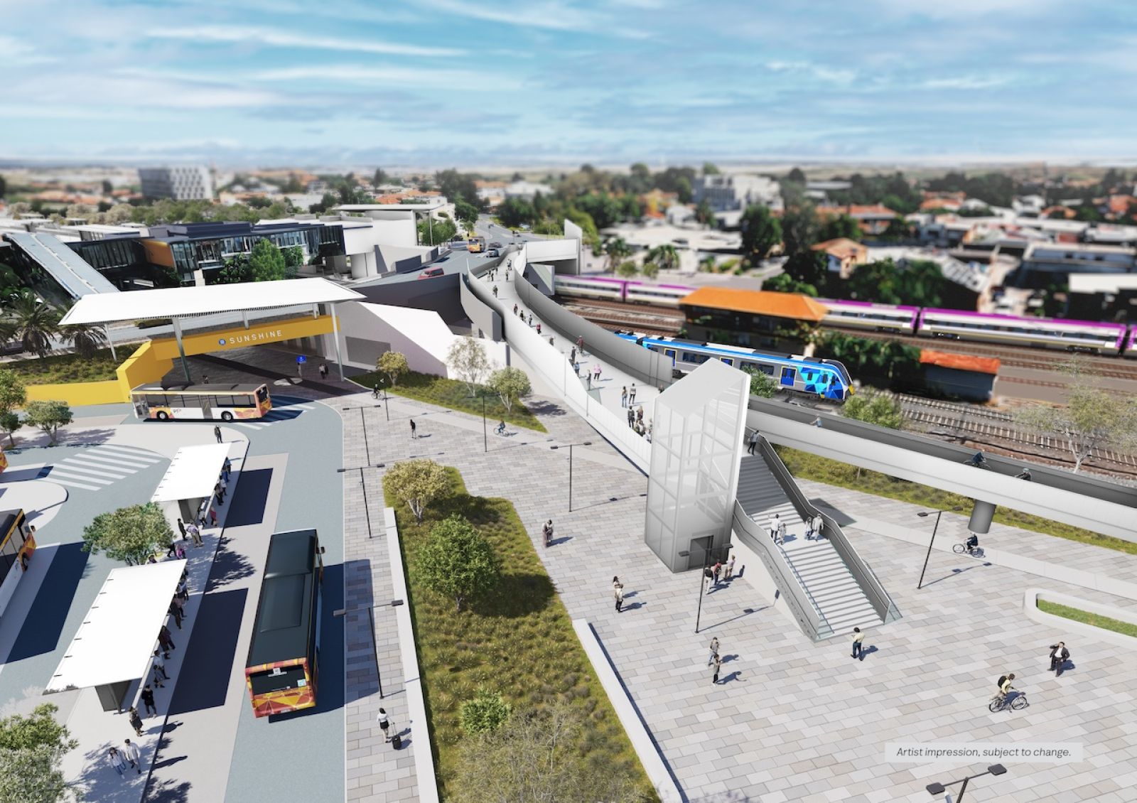 Artist impression of the elevated walking and cycling link over the rail line at the new Melbourne train station with glass walls, pedestrians and cyclists.
