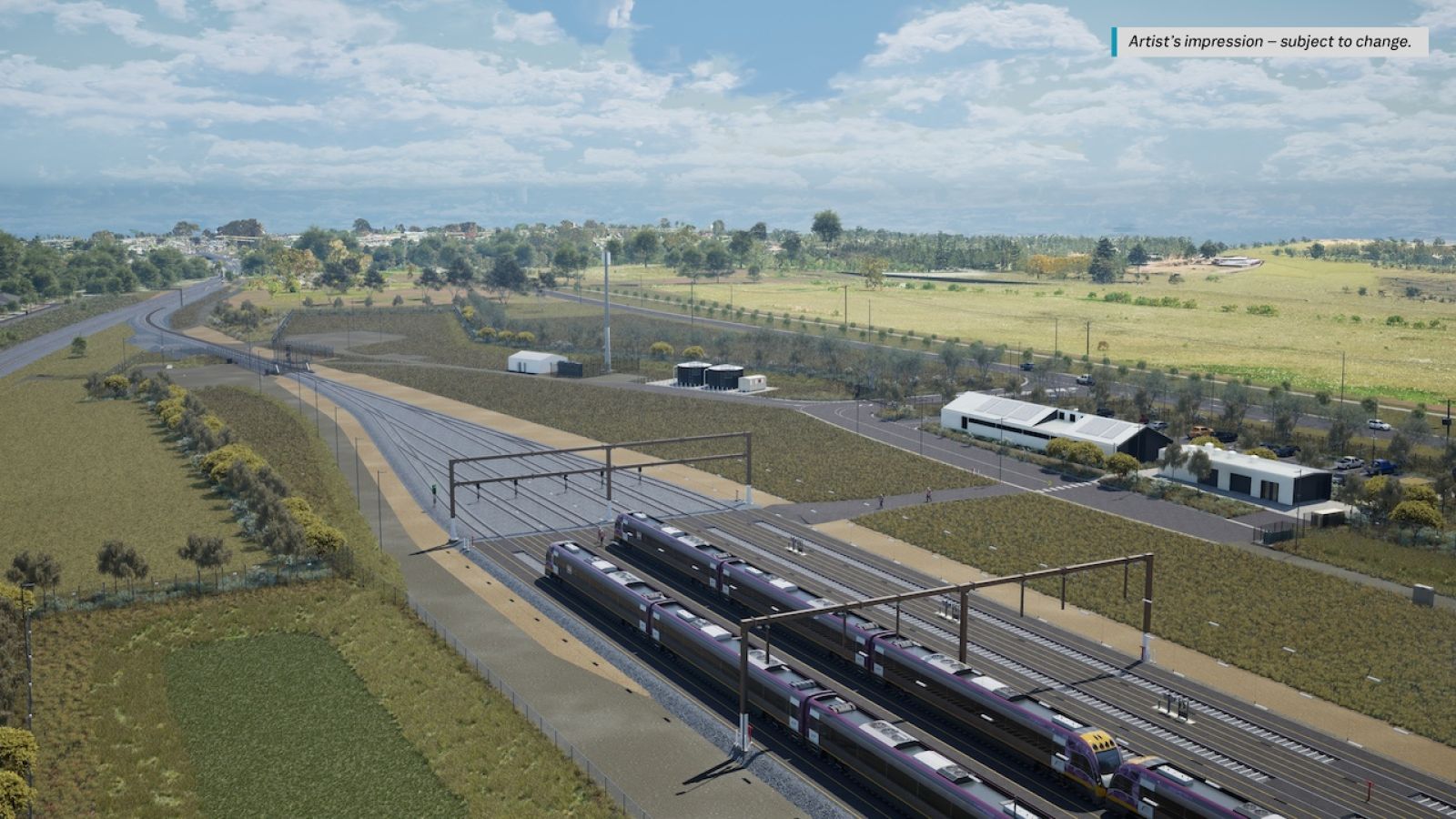 Alt text: Artist's impression of the new Cobblebank train stabling yard with overhead electric gantries, multiple V/Line train bays and surrounding open landscape in Melbourne's west.