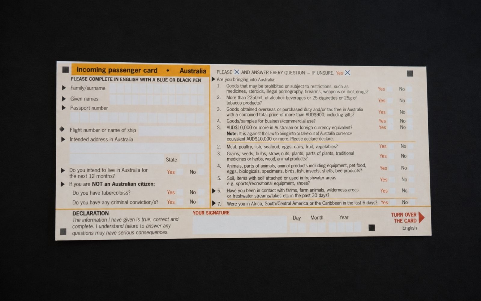 Australia arrival card