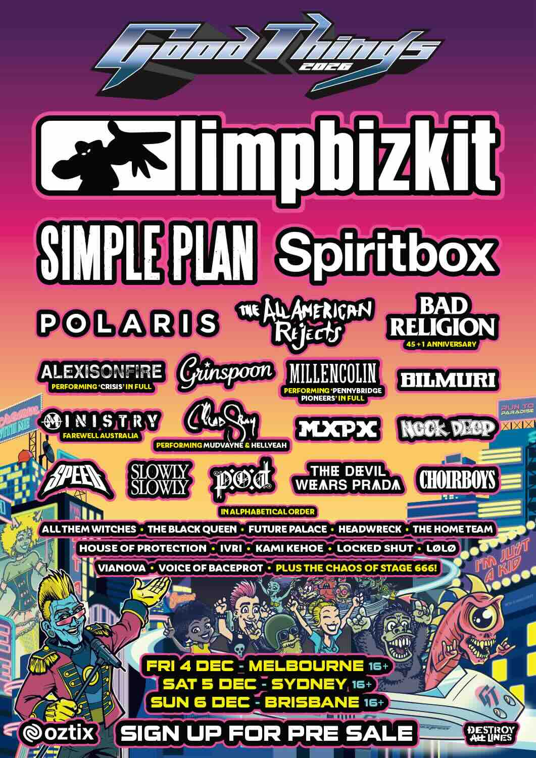 The Good Things lineup poster, official. Pink and on white.
